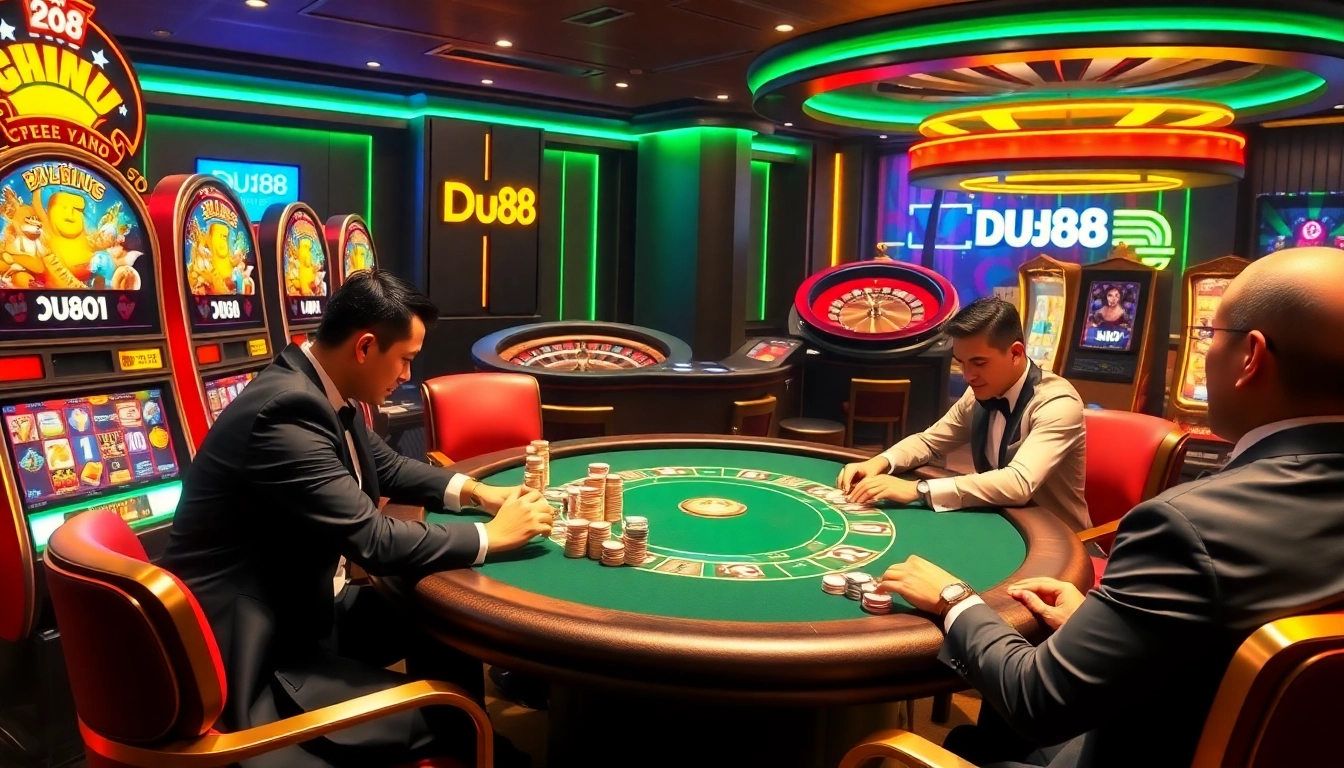 Engaged players participating in a high-stakes poker game at DU88, showcasing vibrant casino atmosphere.