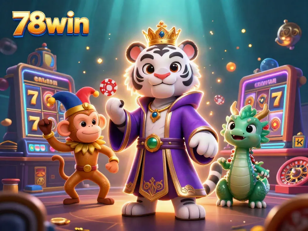 Engage with the vibrant scene of 78win showcasing a majestic tiger, monkey, and dragon in a lively casino environment.