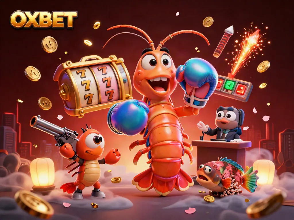 Experience thrilling gameplay at OXBET with cartoon shrimp characters amid slot reels and festive decorations.