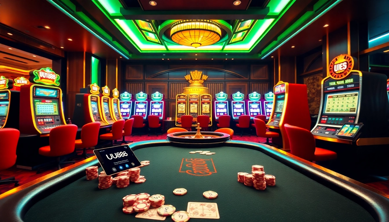Experience the thrill of UU88 with a vibrant casino scene featuring a luxurious poker table and slot machines.