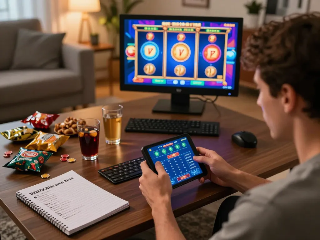 Player enjoying an exciting online casino experience with fun88s, using a mobile device and notes for better betting.