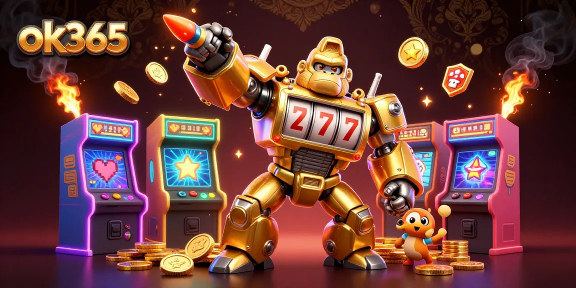 Experience thrilling games at ok365 with a dynamic golden gorilla mech surrounded by vibrant gaming elements.