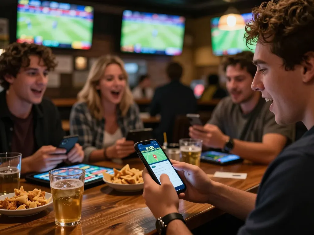 Friends cheering during a thrilling sports betting moment using the FUN 79 app.