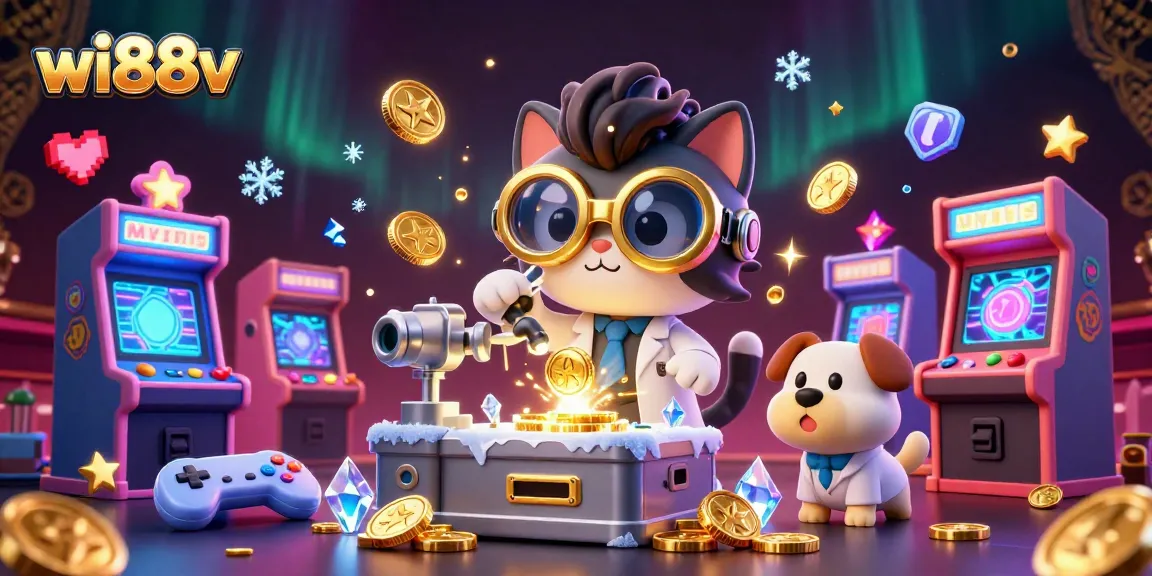 Play and win exciting games at wi88v, featuring vibrant colors and playful characters in a casino environment.