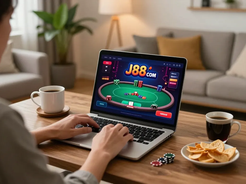 Enjoying online gaming at J88. com with a vibrant poker interface in a cozy setting
