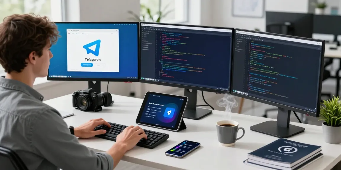 Download Telegram app interface on multiple monitors in a modern office workspace.