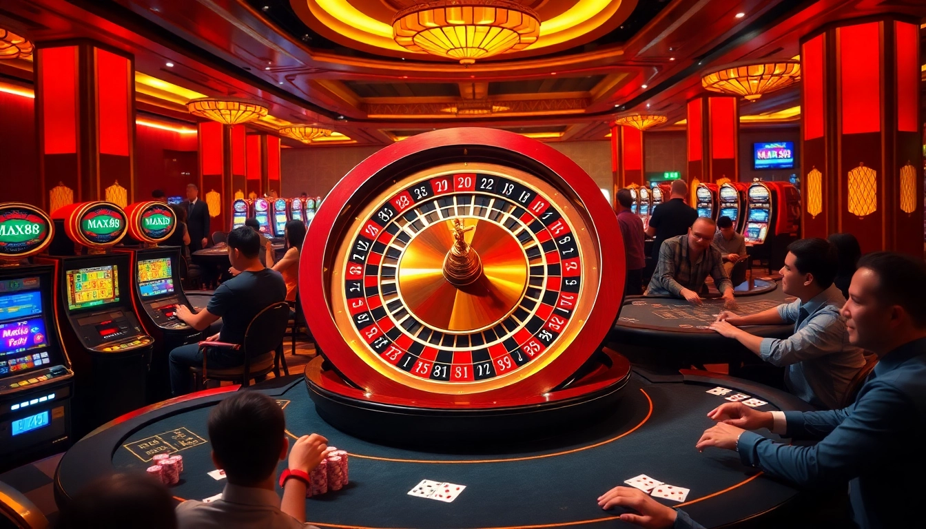 Experience the thrill of MAX88 with a vibrant casino scene featuring roulette, poker tables, and slot machines.