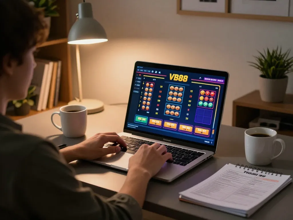Engaged player betting on VB88 online casino from home, showcasing strategic gaming environment.