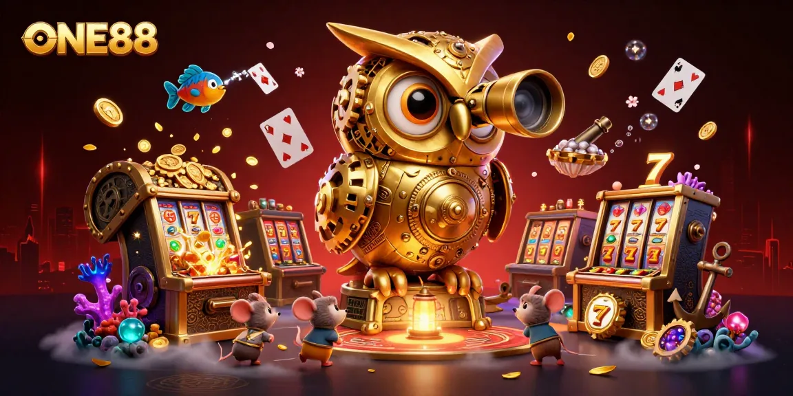 ONE88 showcases dynamic 3D casino scene with clockwork owl, treasure, and slot machines, enhancing gaming excitement.