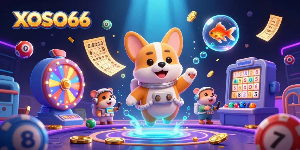 XOSO66 astronaut corgi floats in a vibrant space casino with colorful lottery elements around