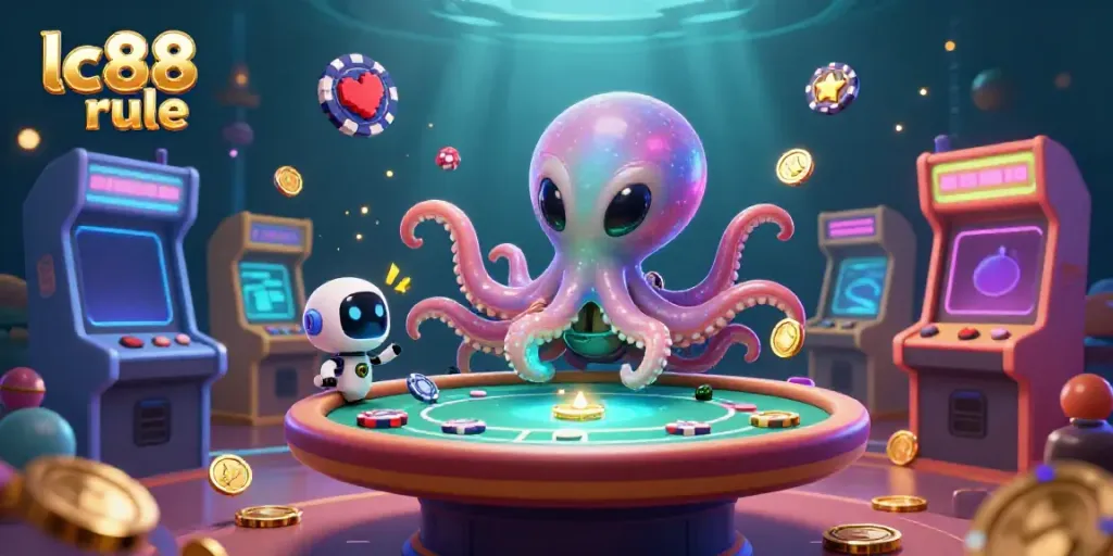 Experience the dynamic world of lc88 rule with a vibrant alien octopus at a holographic poker table.
