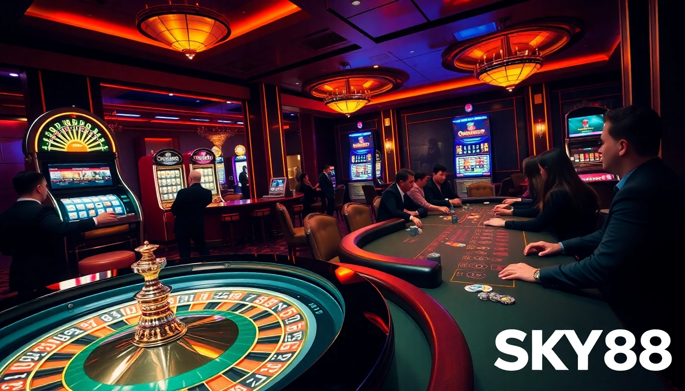 Experience the thrill of SKY88 casino with players enjoying roulette and blackjack in a luxurious setting.