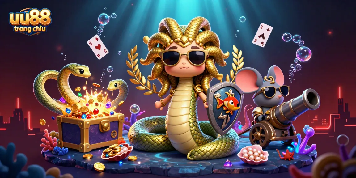 Join the excitement at uu88 trang chủ with friendly Medusa and a warrior mouse amidst gambling treasures.