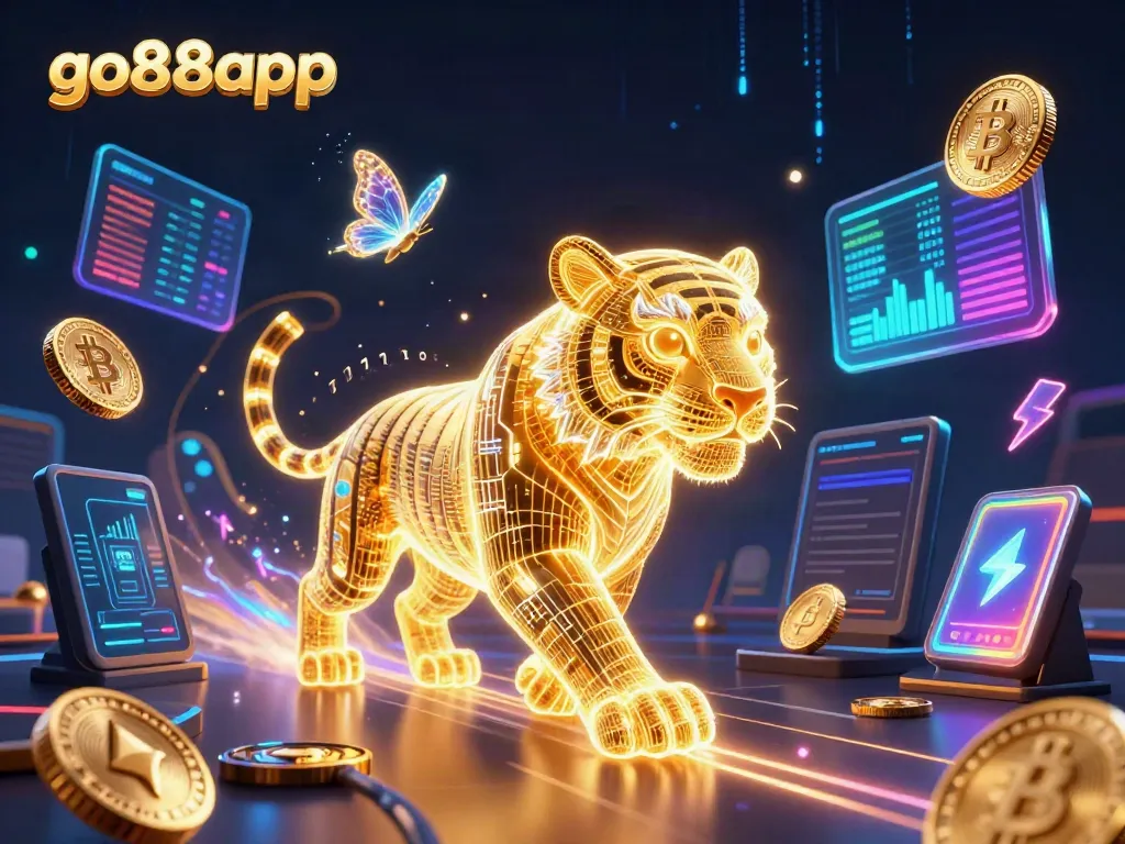 Experience excitement with go88app as the golden tiger prowls a digital casino landscape filled with vibrant crypto elements.