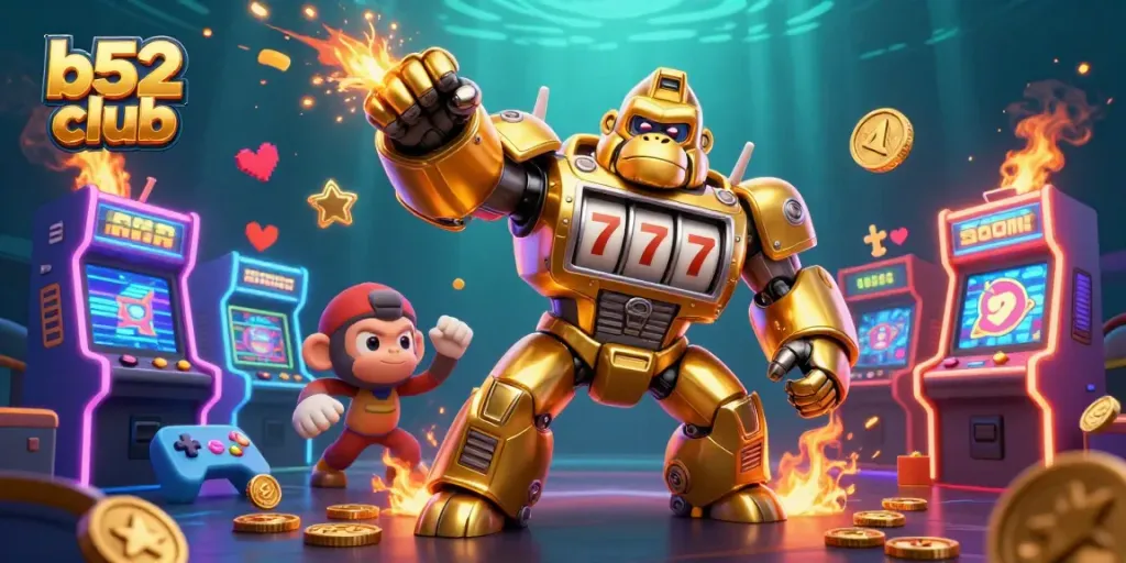 B52 club's dynamic casino scene showcasing a golden gorilla mech, slot machine parts, and explosive coins.