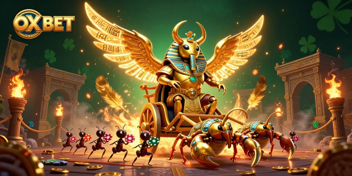 Join the fun at OX BET with a dynamic gaming scene featuring a golden scarab and poker ant soldiers.