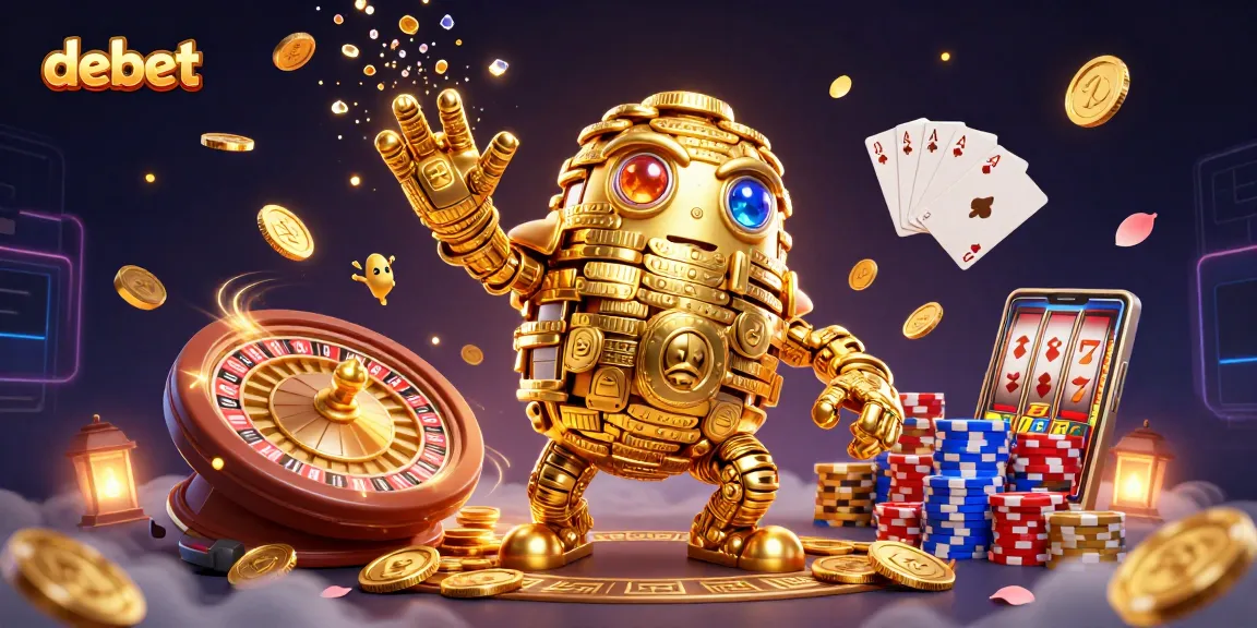 Winning strategies with debet's golden golem amid dazzling casino elements.