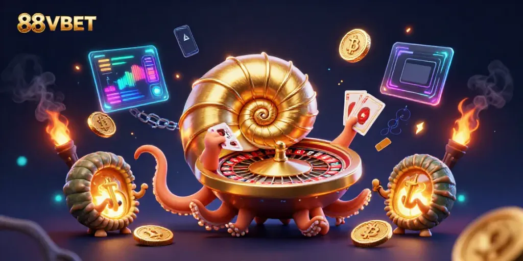 Experience the thrill of winning with 88VBET in this illustrated casino scene featuring dynamic game elements.
