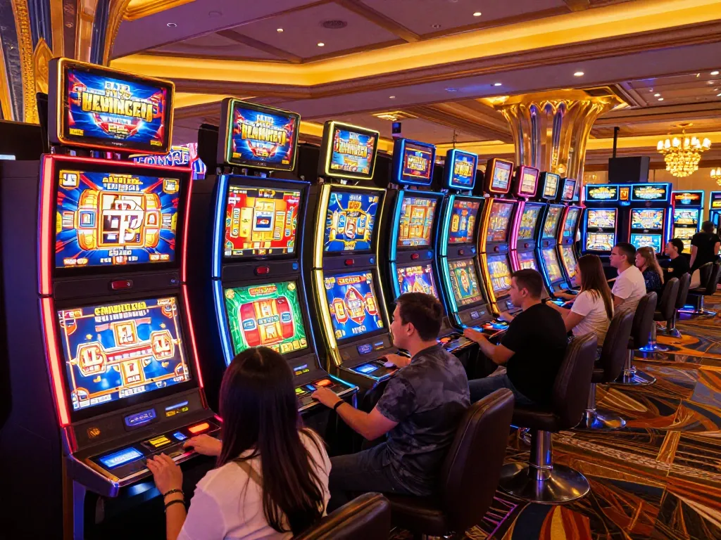 Players engaged at colorful slot machines in a lively casino, experiencing sc88 excitement.