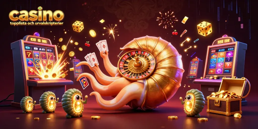 Utforska vår casino topplista och urvalskriterier med baccarat och slotmaskiner i en 3D-illustration.