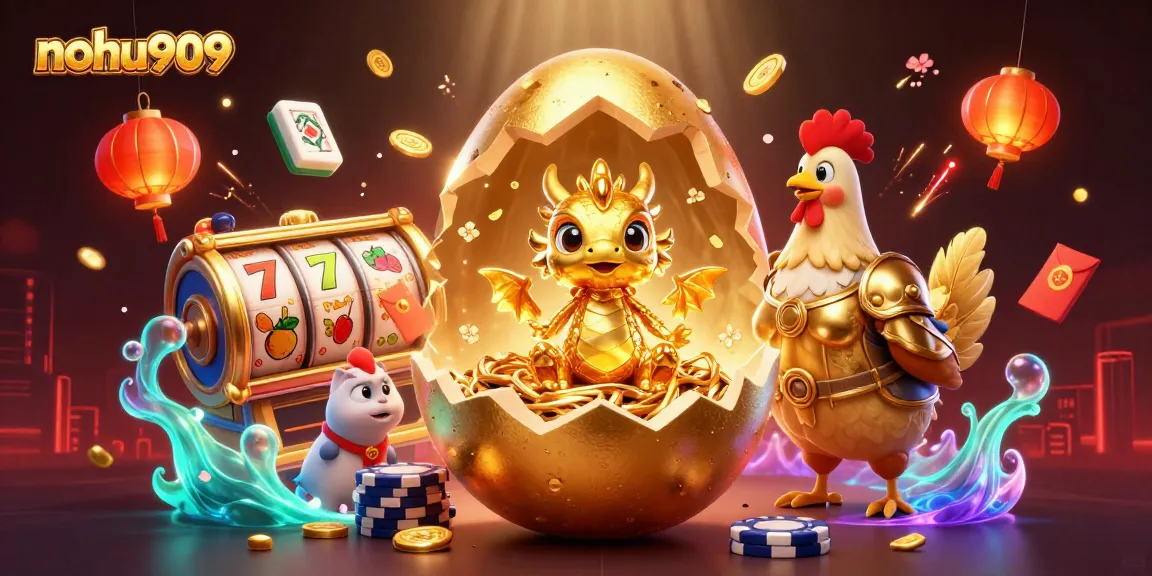 Experience thrilling jackpots at nohu909 with dynamic slot reels and golden treasures in a festive scene.