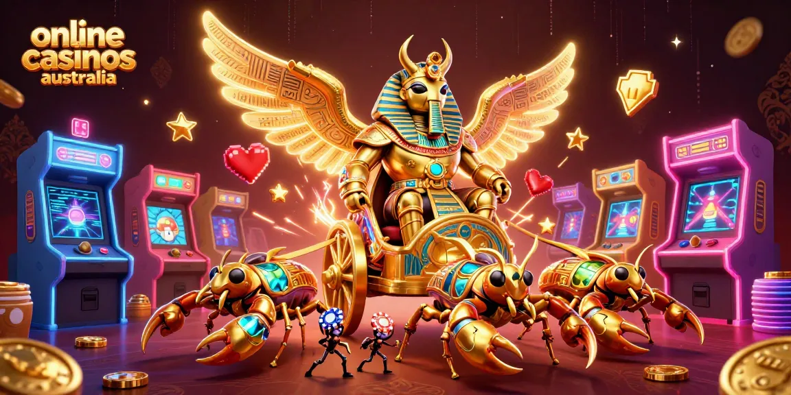 Engage with online casinos Australia in a vivid 3D illustration showcasing unique characters and gaming elements.