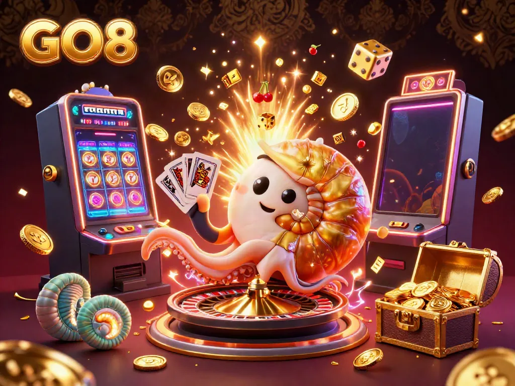 Experience exhilarating gameplay with GO8's immersive casino atmosphere featuring a thrilling slot machine, glowing nautilus, and vibrant energy.