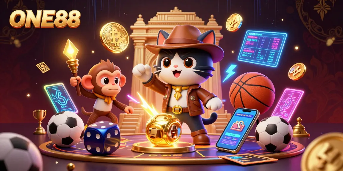 ONE88 showcases a vibrant scene of an explorer cat uncovering casino treasures amidst sports betting elements.