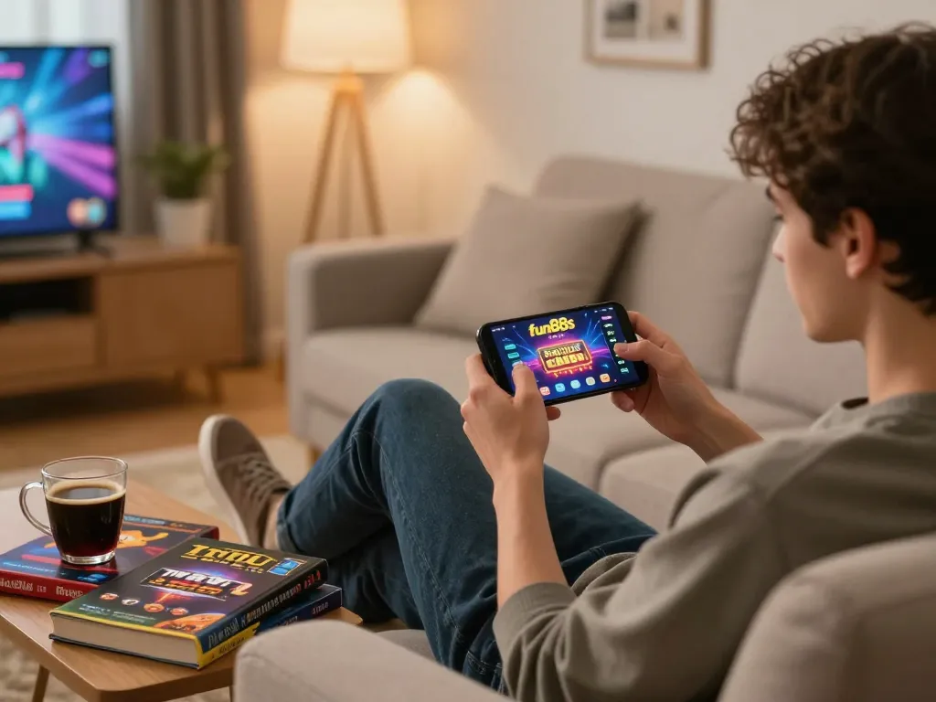 Engaging with fun88s mobile casino app on smartphone in a cozy home setting.