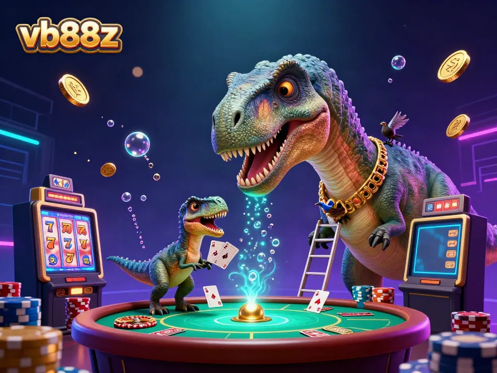 Experience the thrill of vb88z with a colossal brontosaurus in a vibrant casino scene's action.