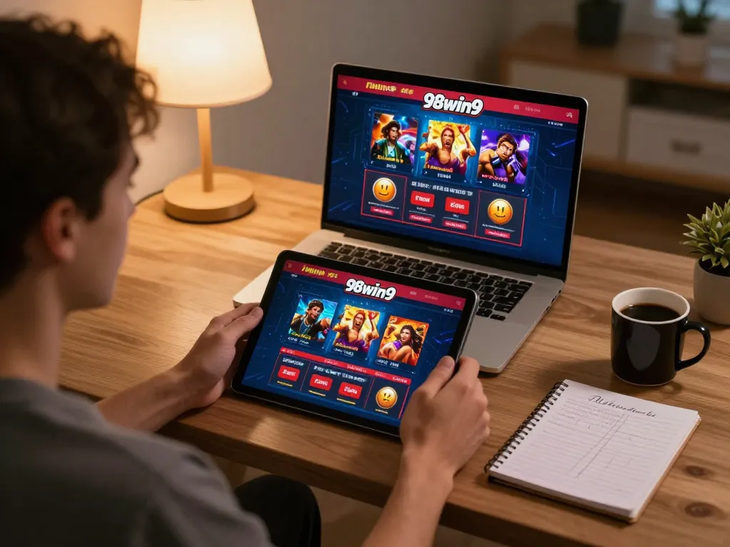 Engaging with the 98win9 online casino interface at home while managing betting strategies.