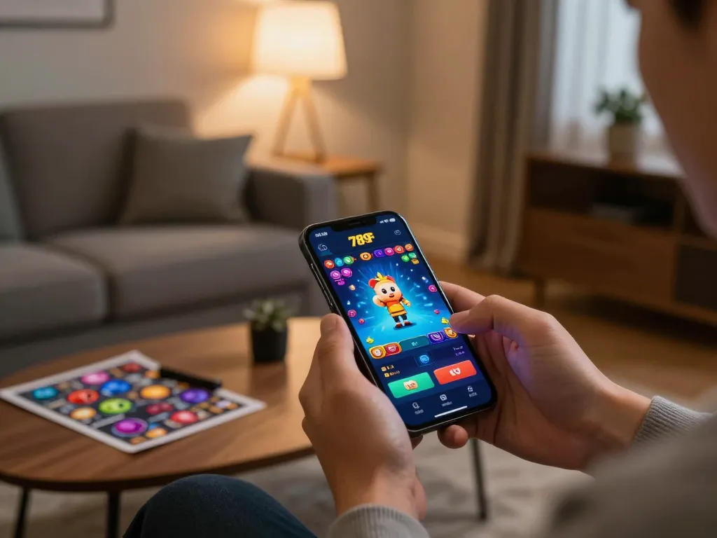 Player engaging with the 789f mobile casino app in a cozy home environment, emphasizing strategic gameplay