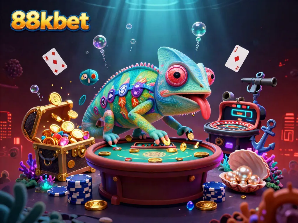 Experience thrilling casino gameplay with 88kbet's vibrant chameleon mascot surrounded by dynamic treasures.