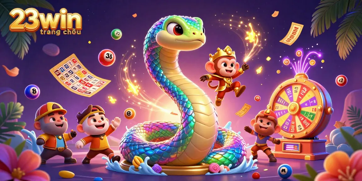 Engage with the vibrant action at 23win trang chủ, featuring colorful lottery elements and dynamic characters.