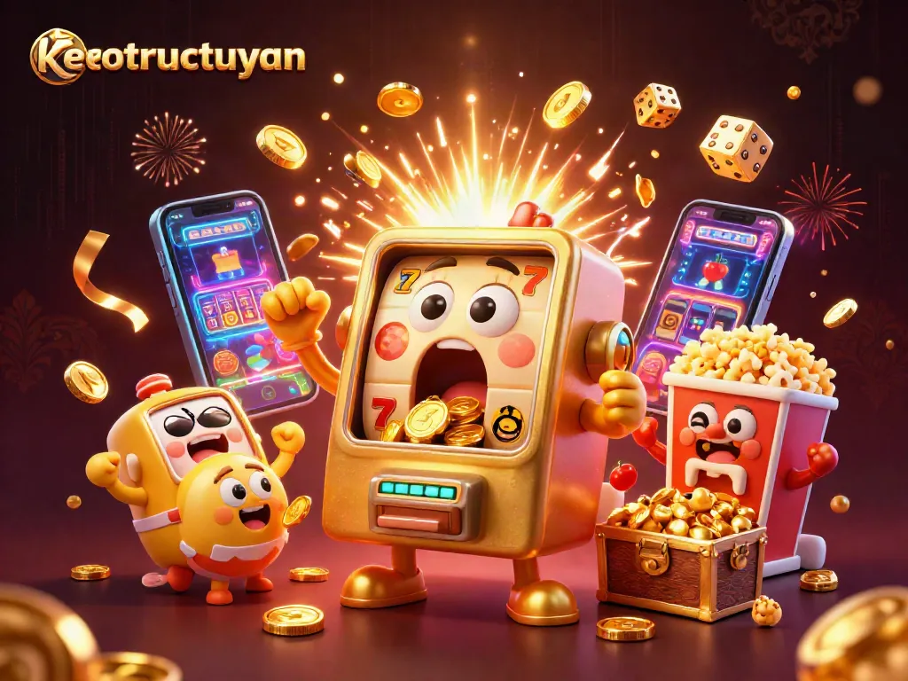 Engage with keotructuyen's vibrant slot machine scene celebrating winning moments in a bustling casino atmosphere.