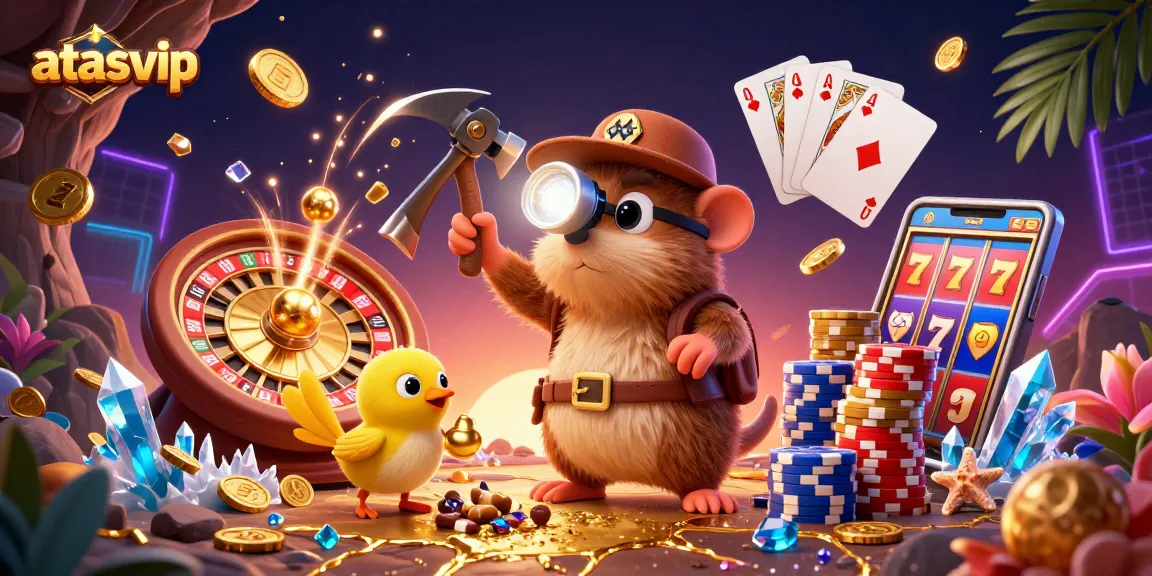 Spin to win with atasvip in a vibrant 3D casino scene featuring treasures and games.