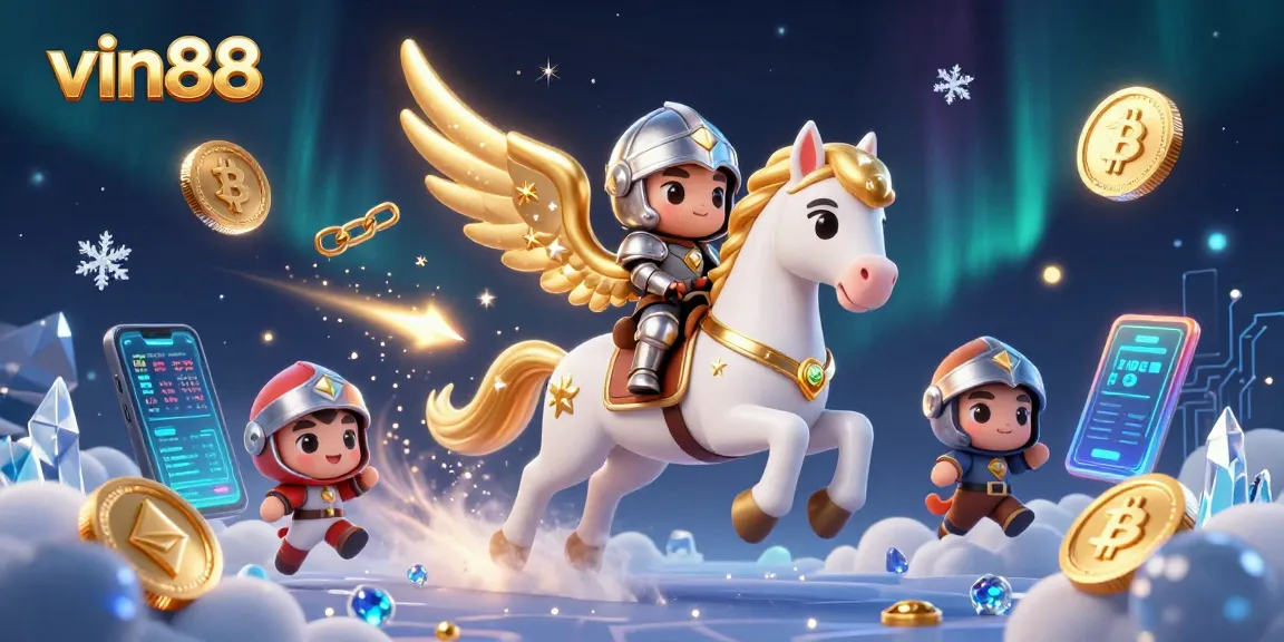 Engage with vin88's exciting gaming world through a vibrant 3D illustration featuring a celestial horse, knight, and digital currencies.