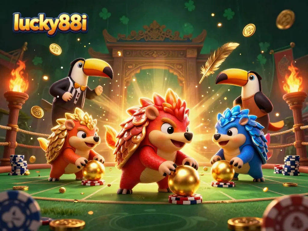 Engage with lucky88i in a vibrant 3D cartoon scene featuring rival pangolins bowling through poker chips.