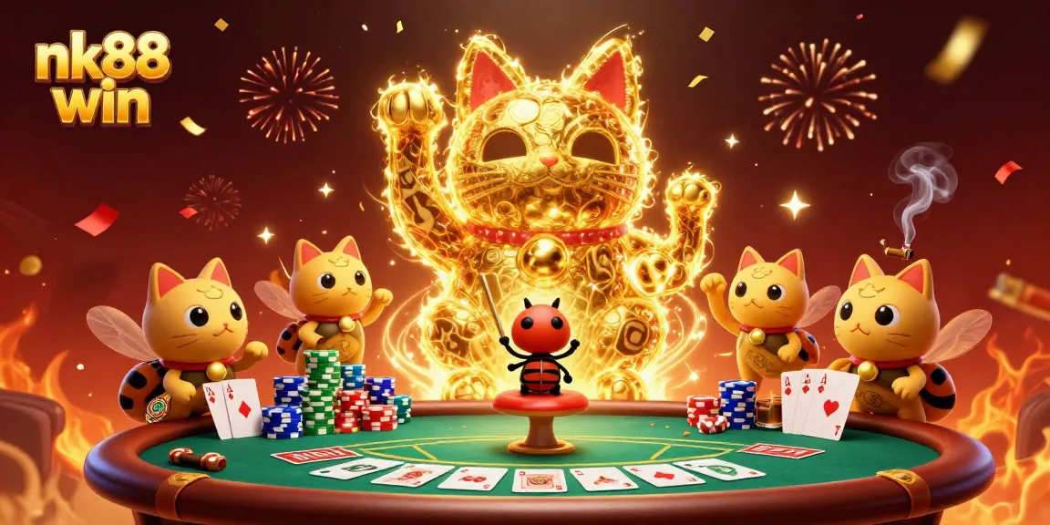 Win big with nk88 win while enjoying a vibrant casino scene featuring a lucky cat and poker elements.