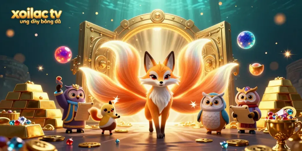 Xoilac tv trực tiếp bóng đá showcases dynamic 3D characters amid a vibrant casino-themed treasure scene.