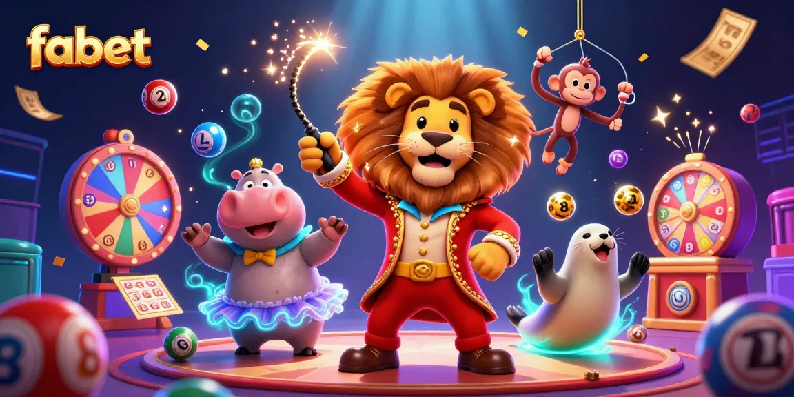 Engage with fabet's vibrant gaming experience, featuring lively circus characters surrounded by dynamic lottery elements.