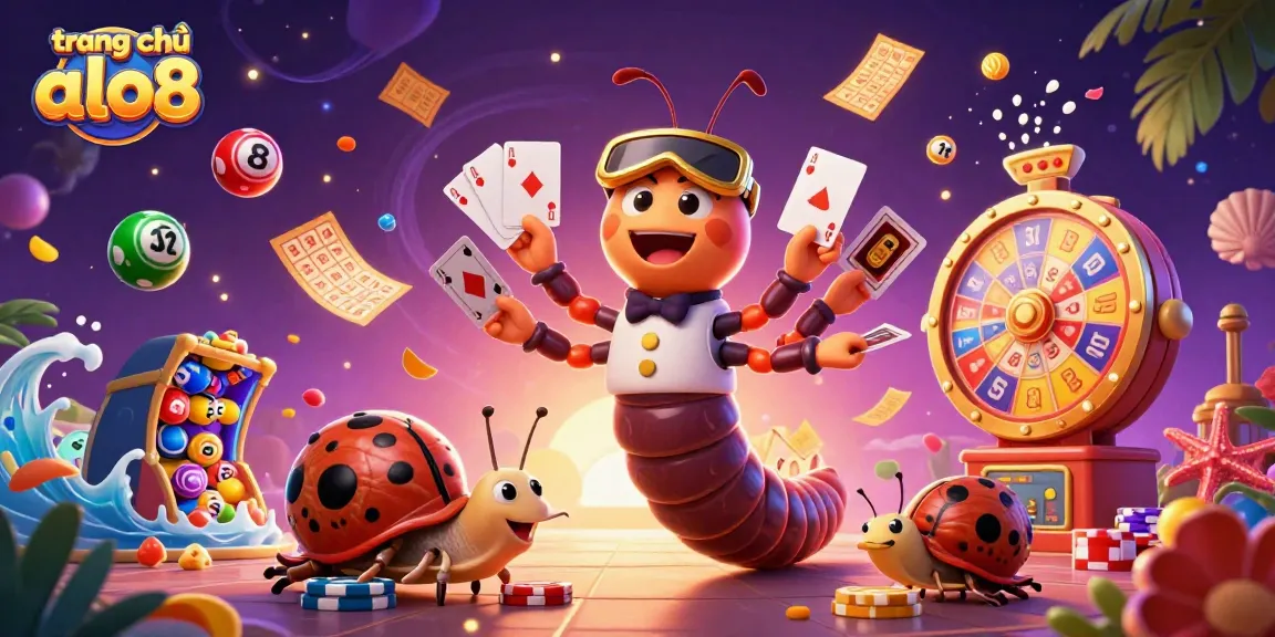 Experience excitement on trang chủ alo8 with a vibrant illustration of a colorful casino scene featuring characters and dynamic elements.