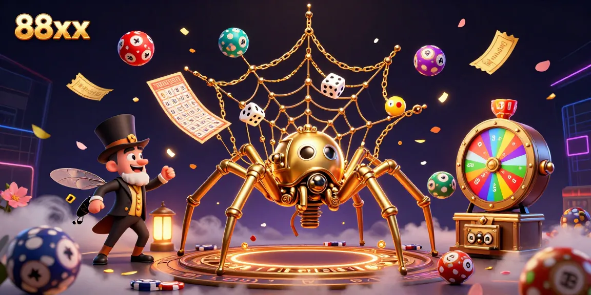 Experience 88xx casino thrills with an intricate golden spider web and vibrant lottery dynamics.
