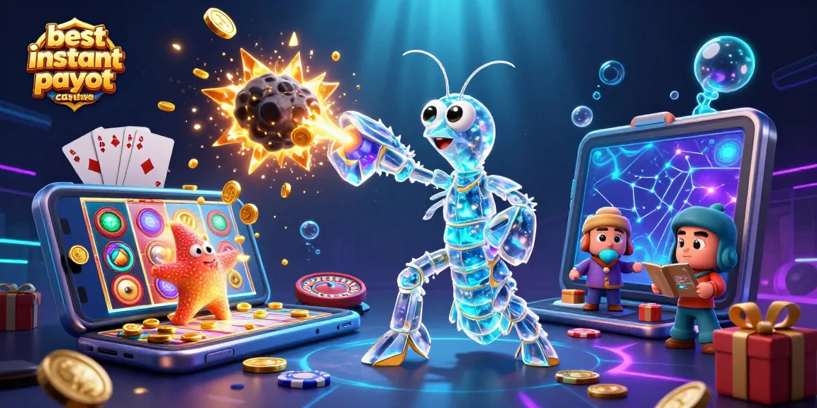 Engage with the best instant payout casinos featuring vibrant 3D illustration of a galactic samurai mantis shrimp.