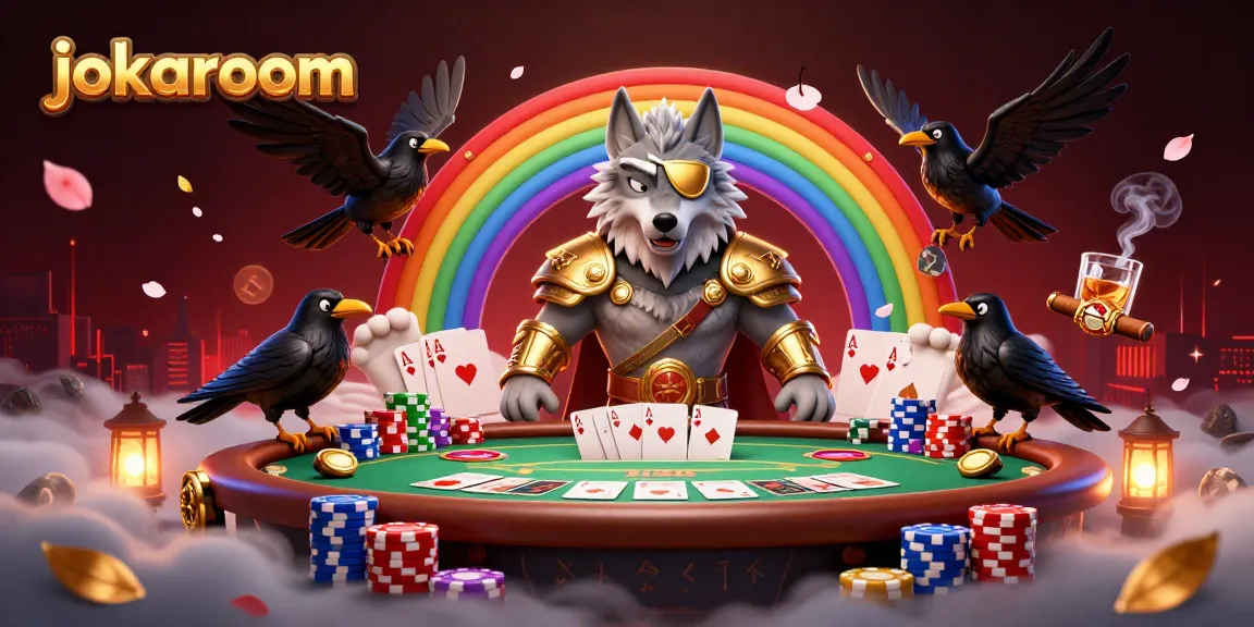 Experience the vibrant world of jokaroom with Odin and ravens amidst a casino chip rainbow.