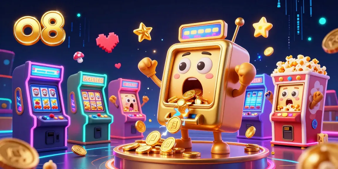 Experience the excitement at o8 as a golden slot machine hits the jackpot, showering coins amidst cheering baby slots, showcasing the vibrant gaming environment.