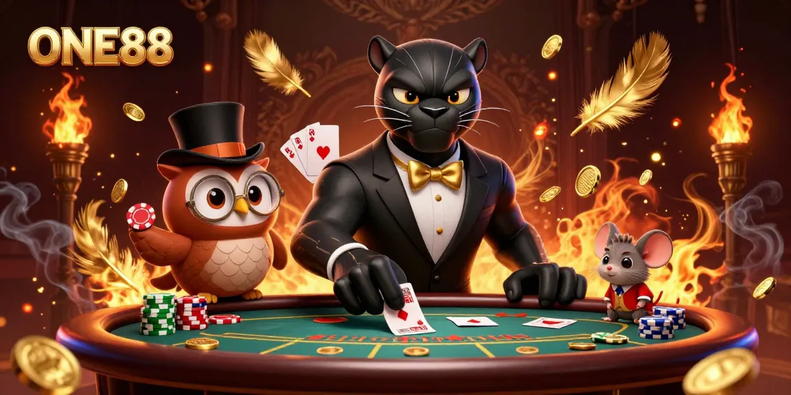 Engage in strategic poker action at ONE88 with a stylish panther dealer, lucky mouse, and owl surrounded by chips.