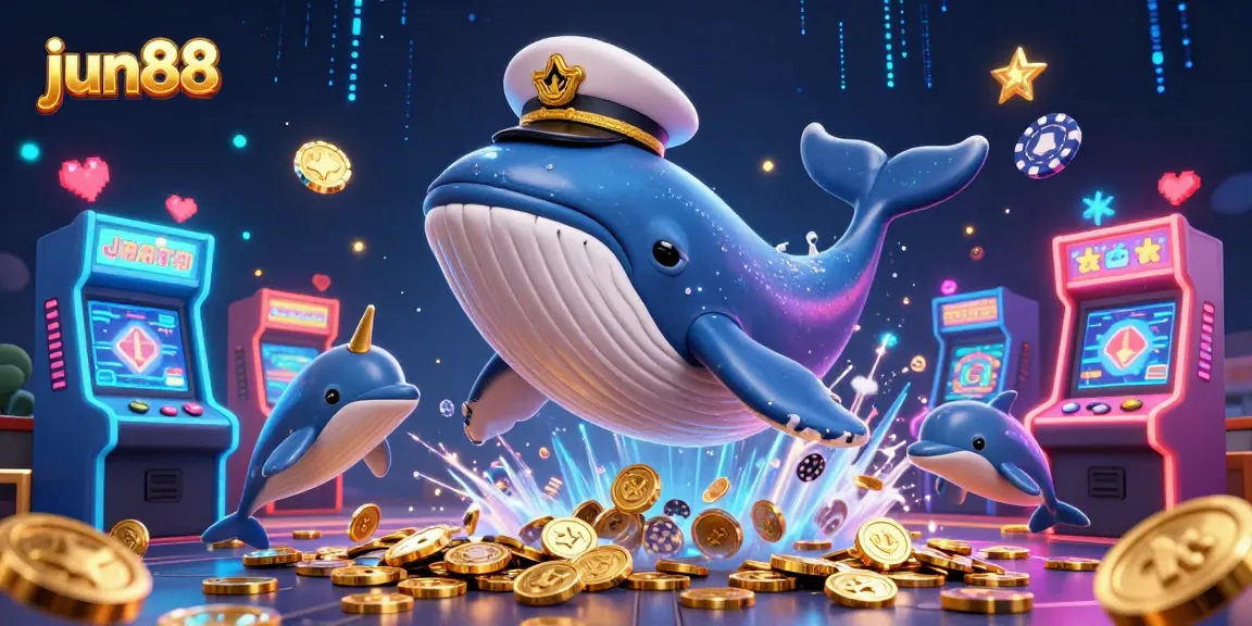 Engage in thrilling gameplay at jun88 with a unique illustration of a whale and dolphins surrounded by casino elements.
