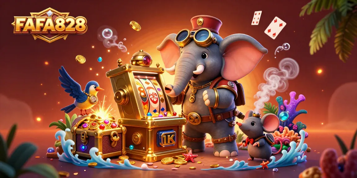 Experience the thrill of FAFA828's slot games with this lively steampunk scene full of treasures.