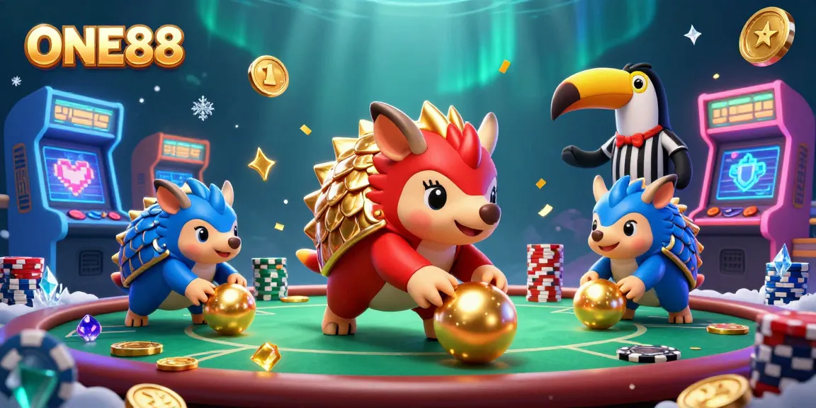 ONE88 pangolins bowling through poker chips in a vibrant casino illustration.